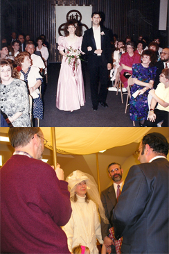 Top: Harold and Gayle at the first wedding ceremony. Bottom: The couple at their chuppah.