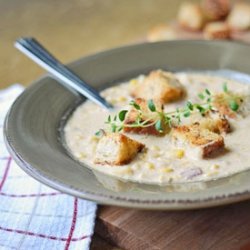 Corn Chowder with Pumpernickel Croutons