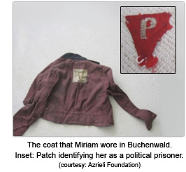 The coat that Miriam wore in Buchenwald. Inset: Patch identefying her as a political prisoner. (courtesy: Azrieli Foundation)