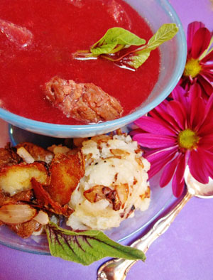 Hot Russian Beet Borscht with Flanken with Smashed Potatoes & Fried Potato Skins