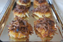Pulled Beef Brisket-Topped Potato Latkes
