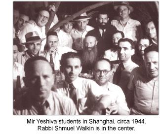 Mir Yeshiva students in Shanghai, circa 1944. Rabbi Shmuel Walkin is in the center.