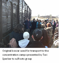Original boxcar used for transport to the concentration camps presented by Tzvi Sperber to a JRoots group