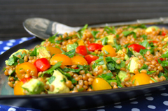 TOMATO AND AVOCADO WHEAT BERRY SALAD WITH 3 MUSTARDS DRESSING