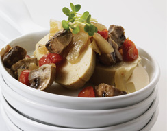 Sweet Gefilte Fish with Caramelized Tomatoes, Mushrooms, and Onions
