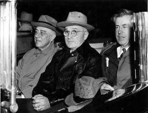 From left to right, Franklin Delano Roosevelt, Harry Truman, and Henry Wallace.