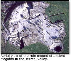 Aerial view of the ruin mound of ancient Megiddo in the Jezreel valley.